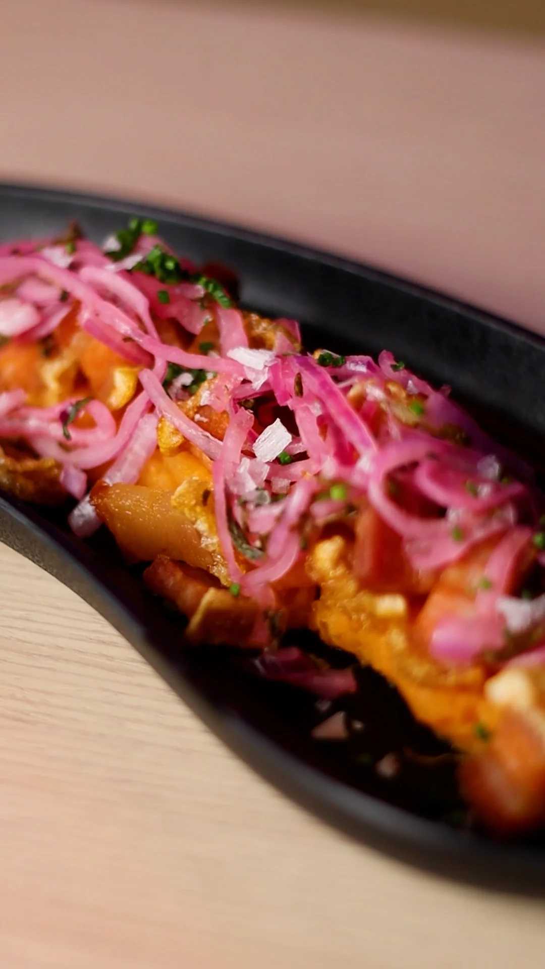 Soria Pork Crackling on Sweet Potato Cream with Criolla Sauce Topping