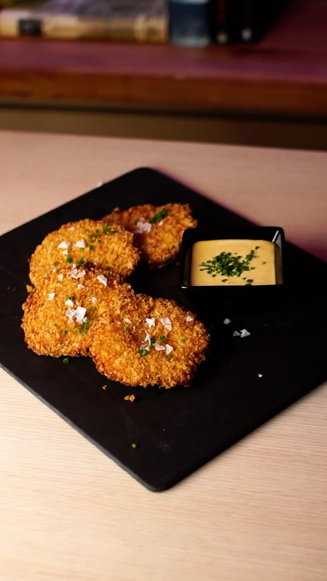 Crunchy Crocodile and Mango Spheres in Panko with Passion Fruit Foam