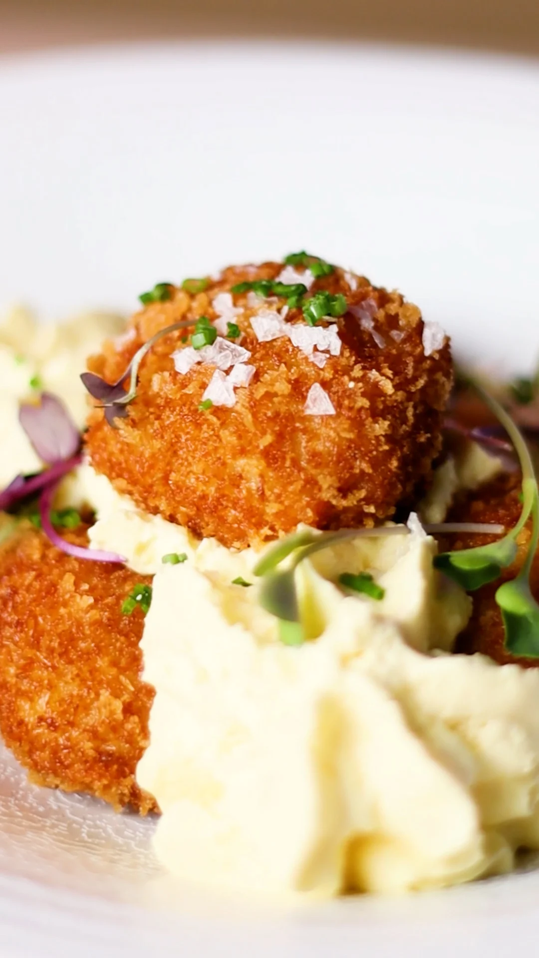 Crunchy Crocodile and Mango Spheres in Panko with Passion Fruit Foam