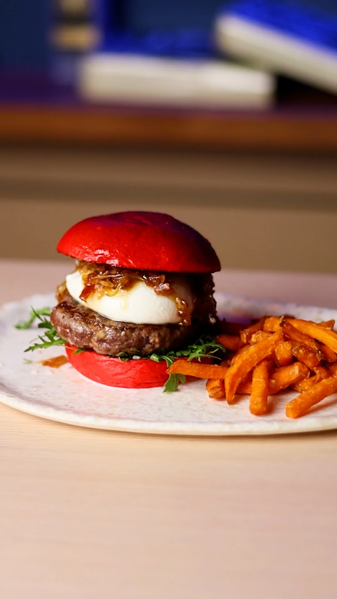 Zebra Burger in Red Bun with Burratina, Rocket and Our Bacon Confit with Onion and Coffee (Served with Sweet Potato Batons)